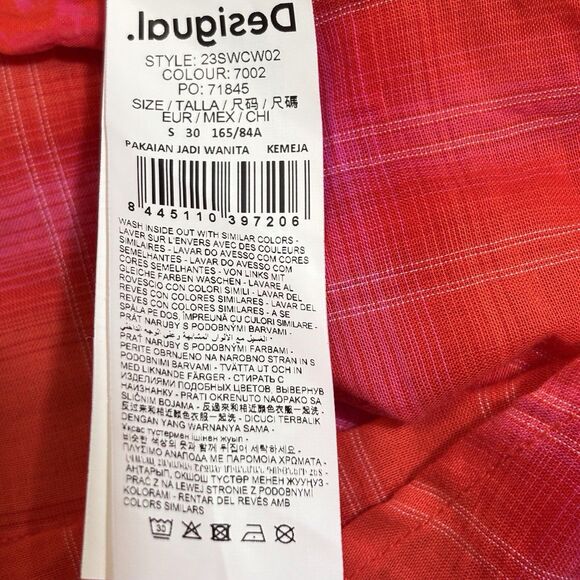 Desigual Patchwork Plaid Shirt Orange Pink Red Womens Small Oversized Button Up - Picture 12 of 15